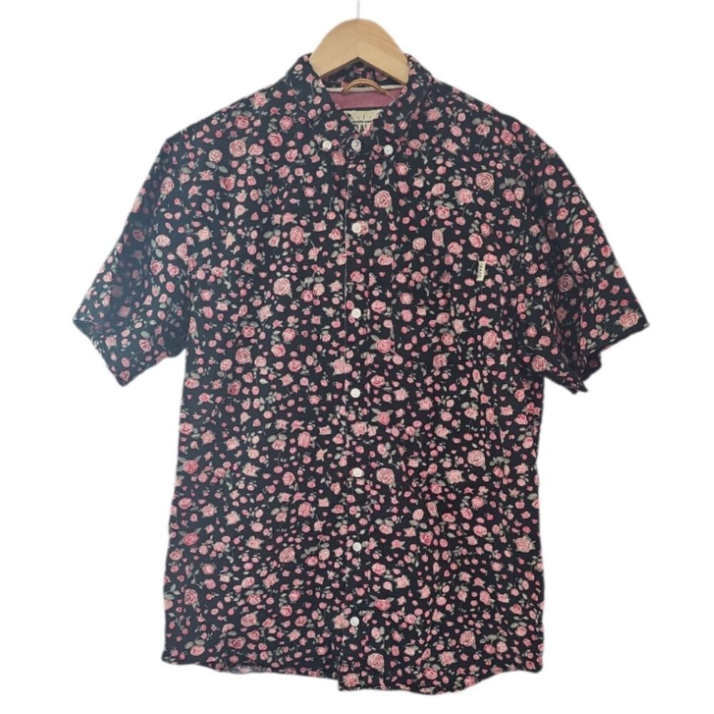Dravus Button Down Shirt Floral Rose Print Black Pink Sz L Short Sleeve Casual